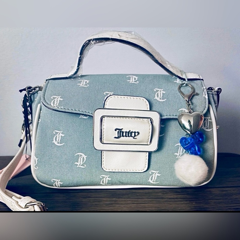 Juicy Couture Made You Look Denim/White Fashion Flap Crossbody Bag Purse New